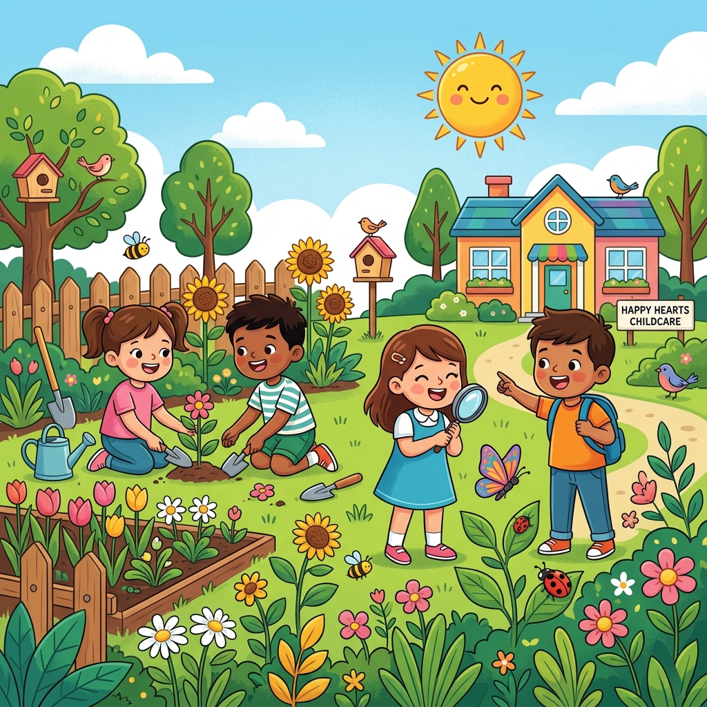 Children playing in a sunny garden and learning outdoors